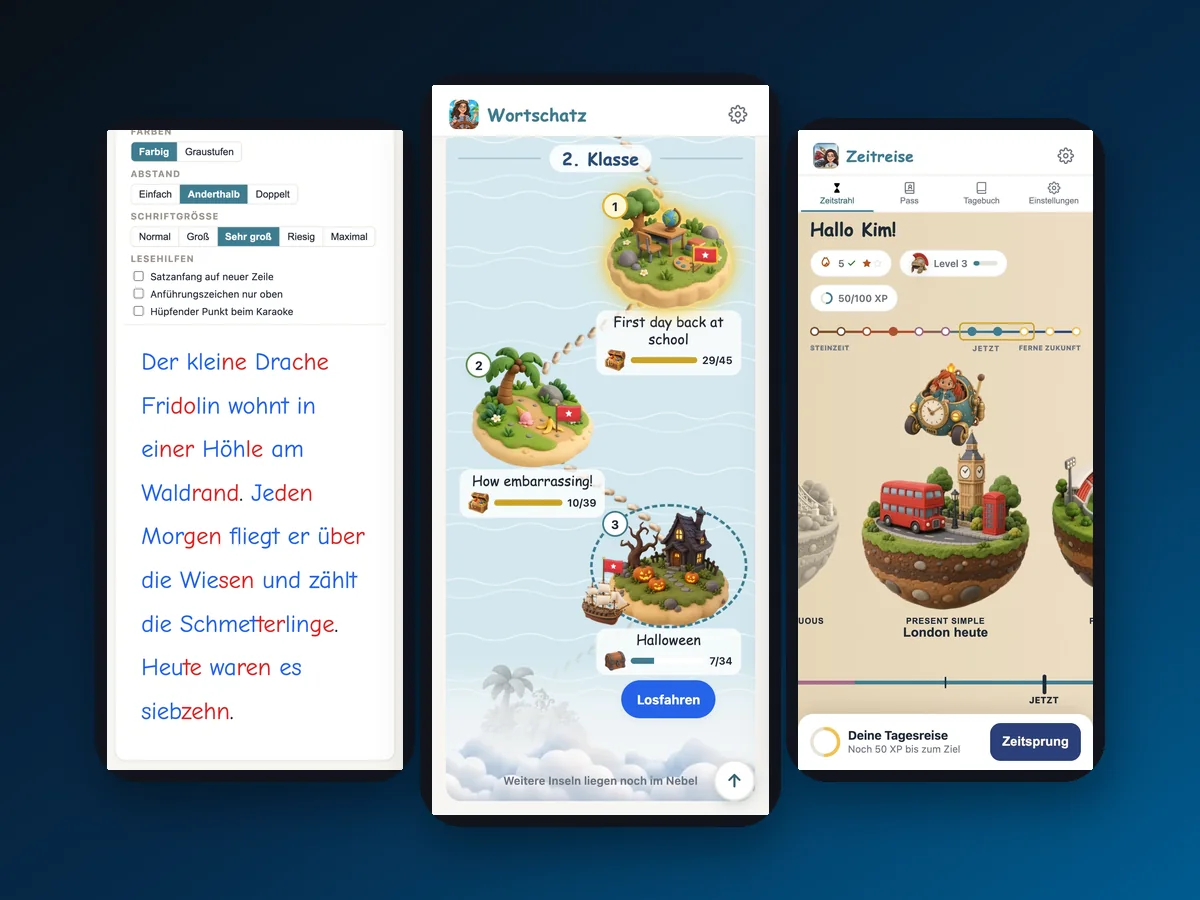 Screenshots of the learning apps Silbensafari, Wortschatz and Zeitreise
